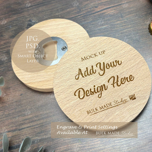 Round Wooden Bottle Opener 9.5cm Beech Mockup PSD - Dark Vintage Style Mockup - Smart Object Template