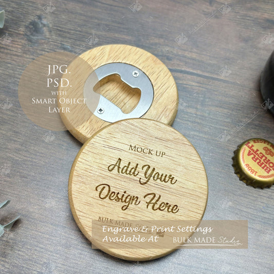 Round Wooden Bottle Opener 7cm Beech Mockup PSD - Dark Vintage Style Mockup - Smart Object Template