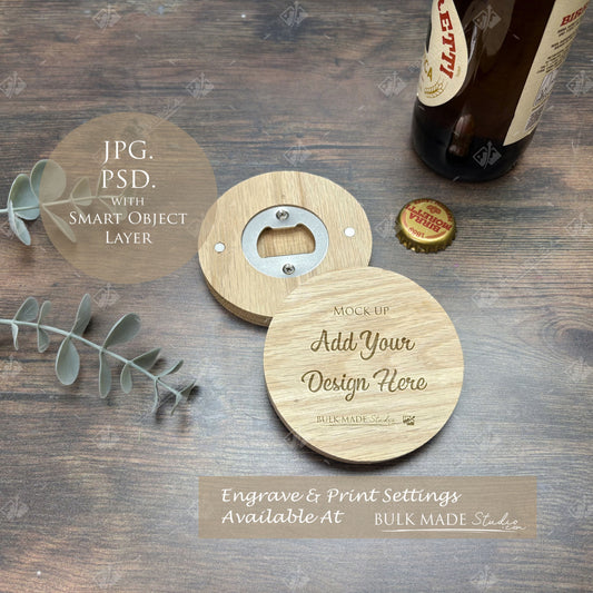 Round Wooden Oak Magnetic Bottle Opener 8cm Mockup PSD - Dark Vintage Style Mockup - Smart Object Template