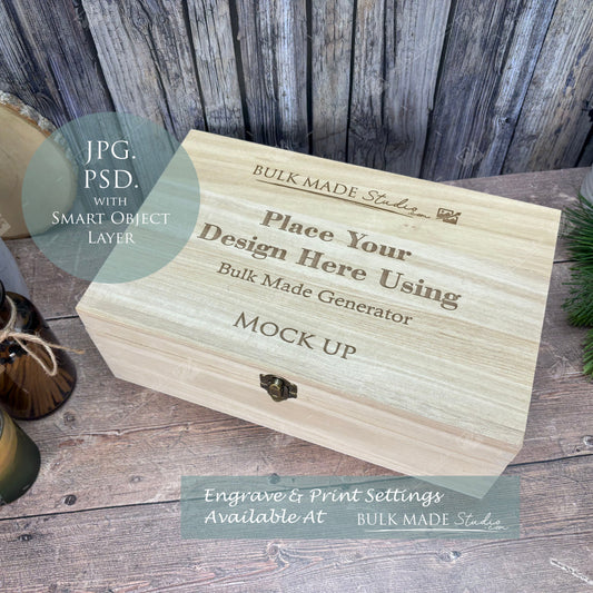 Rectangle Paulownia Wooden Box Mockup - Engrave or Print - Scandi Pine - PSD Templates