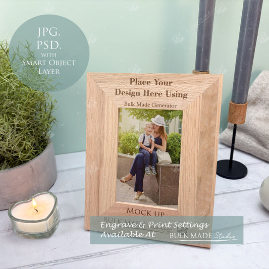 Oak 6X4" Photo Frame Mockup - Print & Engraving  - Pastel Floral - PSD Templates