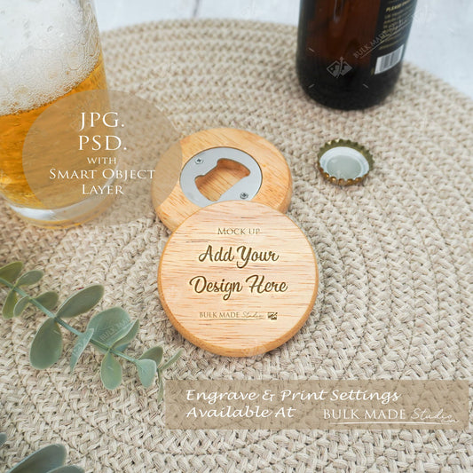 Round Wooden Beech 7cm Bottle Opener Mockup PSD -Natural Botanicals Style Mockup - Smart Object Template