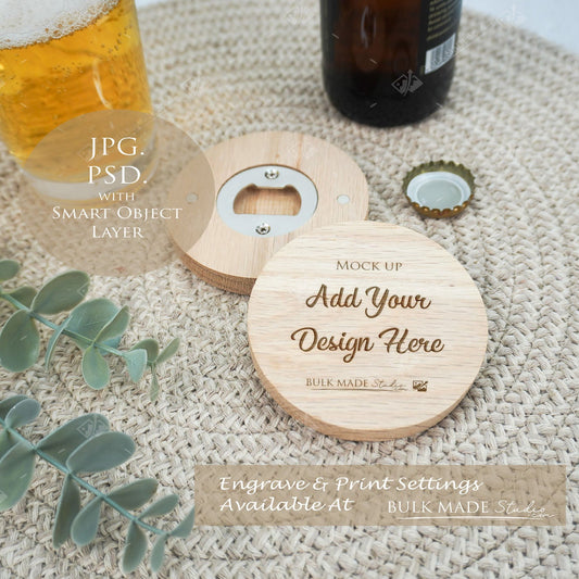 Round Oak - Varnished  & Unvarnished Magnetic Bottle Opener 8cm  Mockup PSD -Natural Botanicals Style Mockup - Smart Object Template