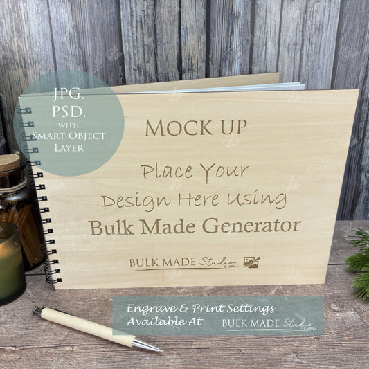 Plywood Notebook, Guest Book Mockup, Landscape & Portrait Mockup - Engraving & Print - Scandi Pine - PSD Templates