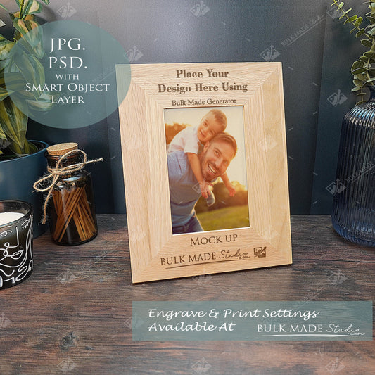 Portrait 6X4" Oak Photo Frame Mockup - Dark Vintage Styling - PSD Templates