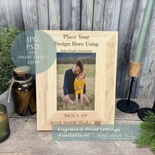 Oak 6X4" Photo Frame Mockup - Print & Engraving  - Scandi Pine - PSD Templates