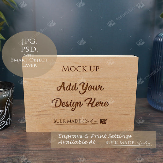 Oak Block Free Standing Plaque Landscape Mockup - Dark Vintage - PSD Template