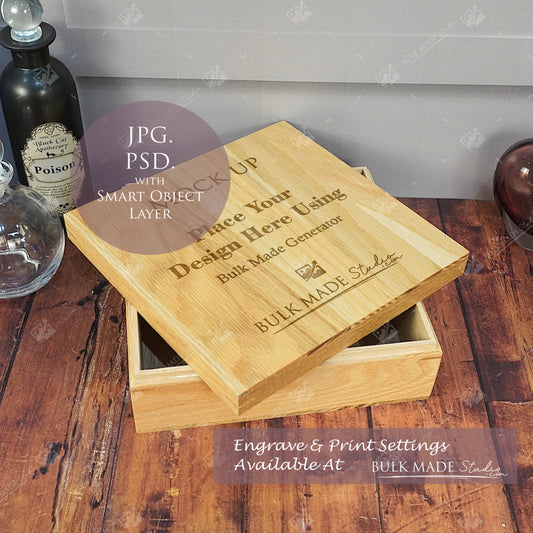 Oak Square Box Mockup PSD - Dark Gothic Style Mockup - Smart Object Template