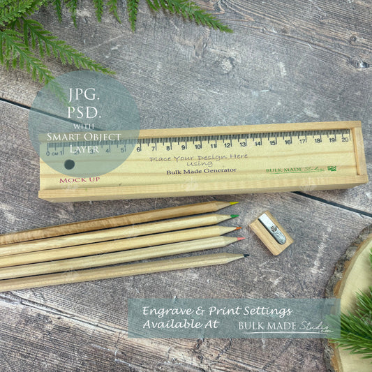 Wooden Pencil Case With Ruler Lid Mockup - Print & Engraving  - Scandi Pine - PSD Templates