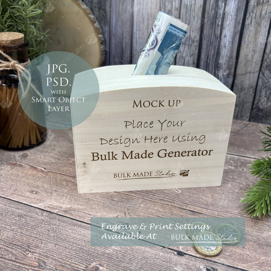 Wooden Money Box Mockup - Print- Engrave - Scandi Pine - PSD Templates