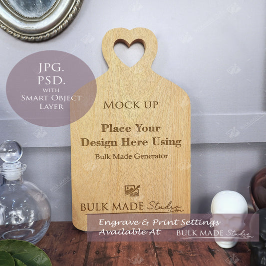 Heart Top Beech Chopping Board Mockup PSD - Dark Gothic Style Mockup - Smart Object Template