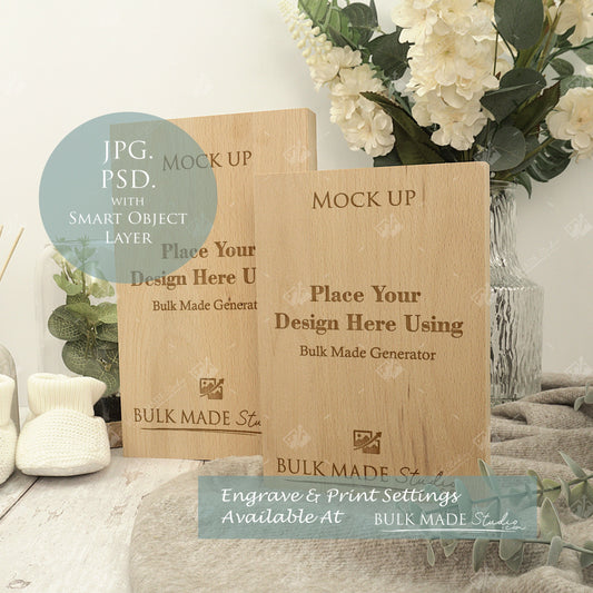 Oak Block Free Standing Plaque Portrait & Landscape Mockup - Print & Engraving  -Natural Botanicals - PSD Templates