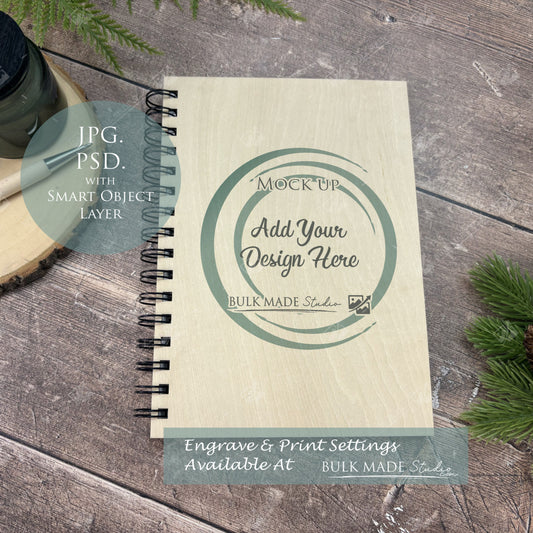 Plywood Notebook, Guest Book Mockup, Landscape & Portrait Mockup -  Print & Engraving  - Scandi Pine - PSD Templates