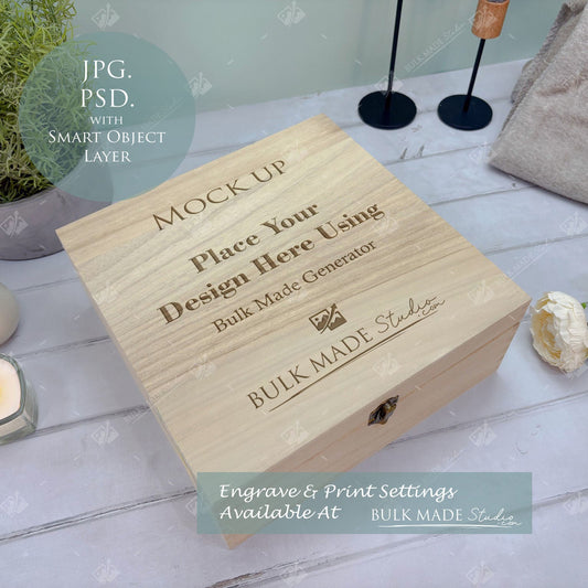Square Wooden Paulownia Box Mockup - Print & Engraving  - Pastel Floral - PSD Templates