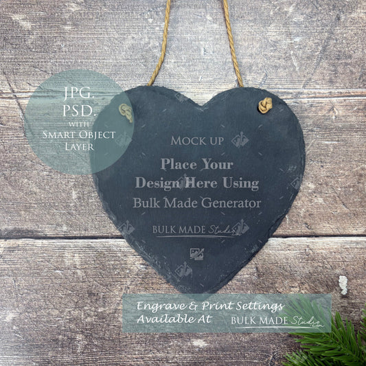 Slate Heart Hanging Plaque Mockup - Engrave or Print - Scandi Pine - PSD Templates
